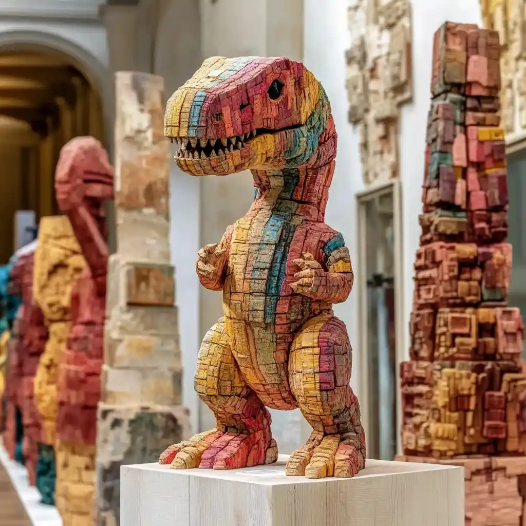 Holzskulptur im Vordergrund, ein Dinosaurier als Skulptur. Aus einer Kunstausstellung zu Kreative künstliche Intelligenz und innovative KI-Kunst