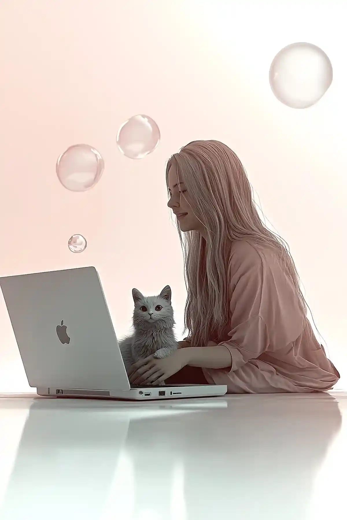 Frau mit Katze vor macbook chattet zum Thema KI-Bildrechte