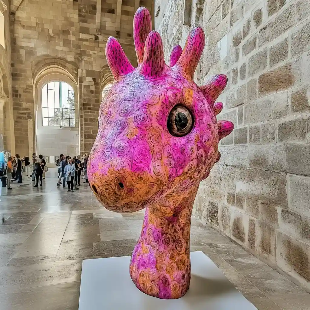 KI Kunst: Pinke Skulptur in einem Museum mit Menschen im Hintergrund