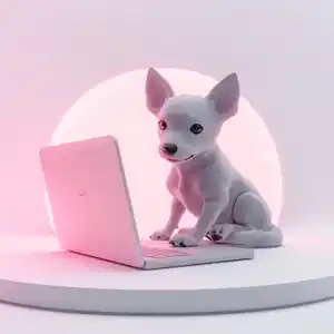 Hund vor Laptop in der KI-Video-Erstellung und KI-Video-Produktion