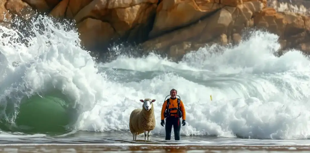 KI Schaf und Schwimmtrainer posieren für den KI Film