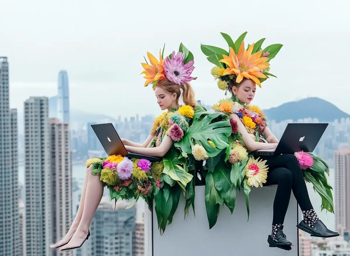 Junge Mädchen die Blumen als lustige Kleidung tragen und dies in luftiger Hhe einer Großstadt in Asien. Ästhetisches Icon steht für die Einführung in die KI-Bilderstellung und Grundlagenkurs KI-Bilddesign als KI-gestützte Bildkreation für Einsteiger