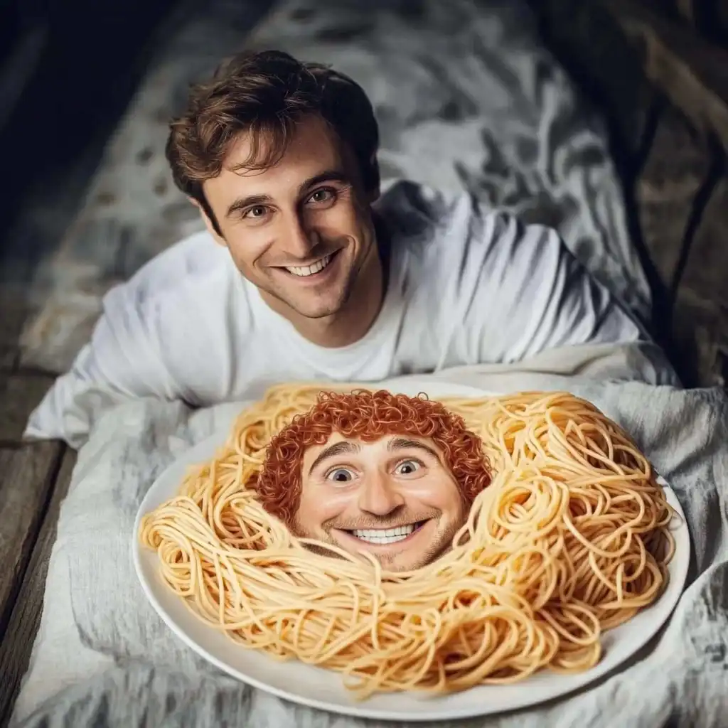 Gesicht in Spaghehtti. Beitrag zu Künstliche Intelligenz Humor und KI-Missgeschicke