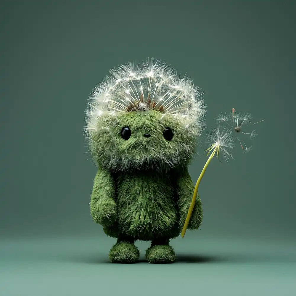 KI Monster von 21 besteht aus flauschigem Stoff und Pusteblumen Helm