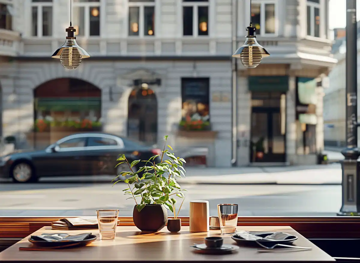 Cafe in München, Ausblick nach draußen. Aus der Serie Individuelle Postproduktion für KI-Bilder und Hochwertige Kampagnenbilder mit KI