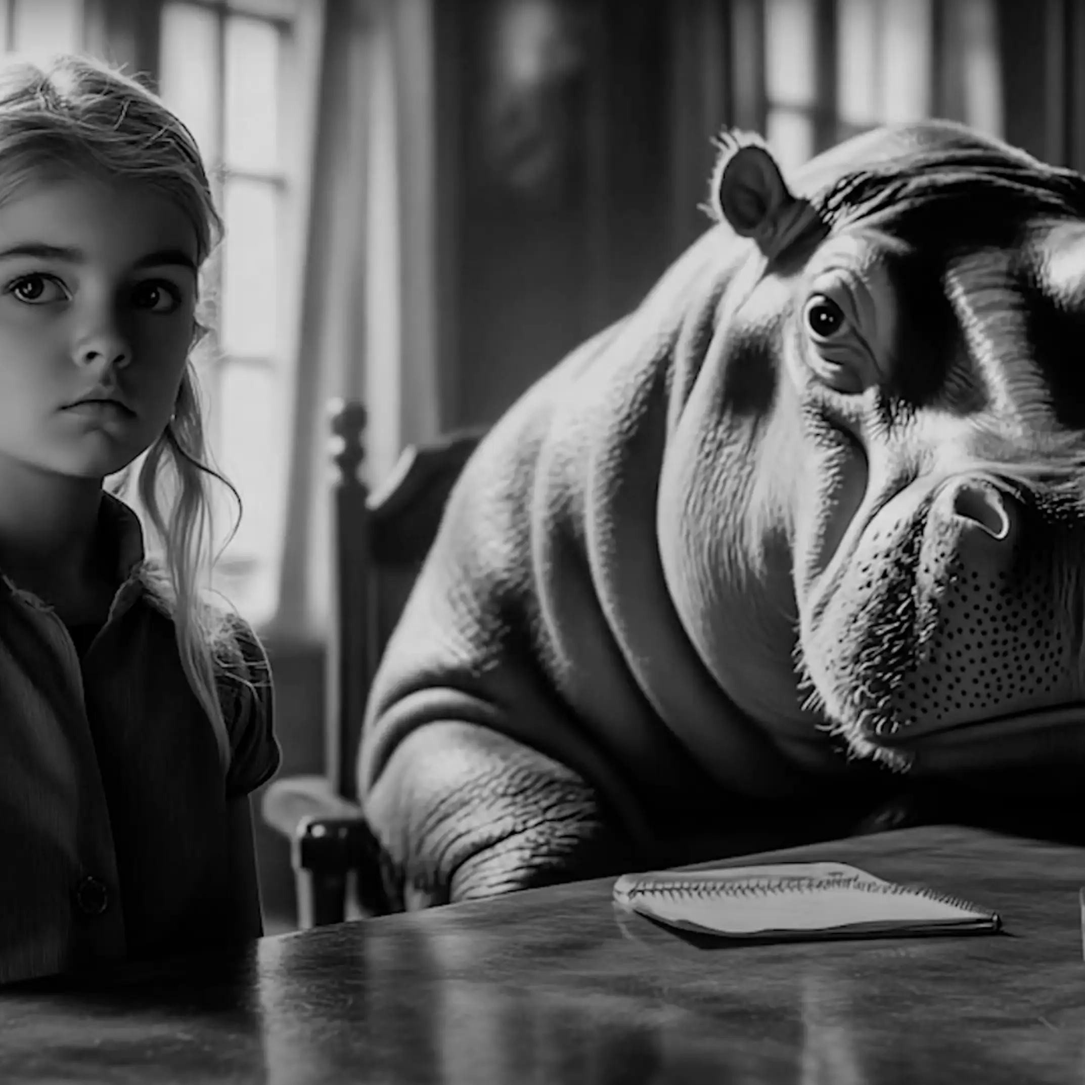 Mädchen und Nilpferd in einem Büro, KI-Film, Kurzfilm