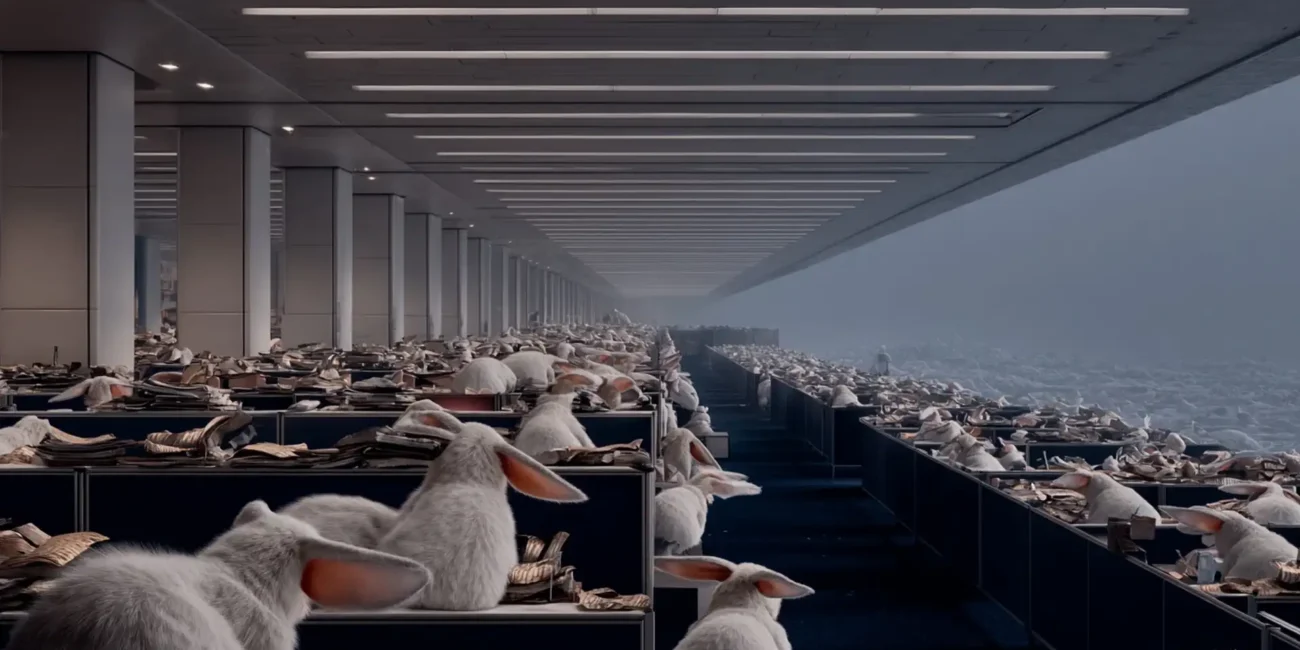 Hasen in einem riesigen Büro & Beispielbild für KI-Kunstfilm beauftragen und AI Showreel erstellen