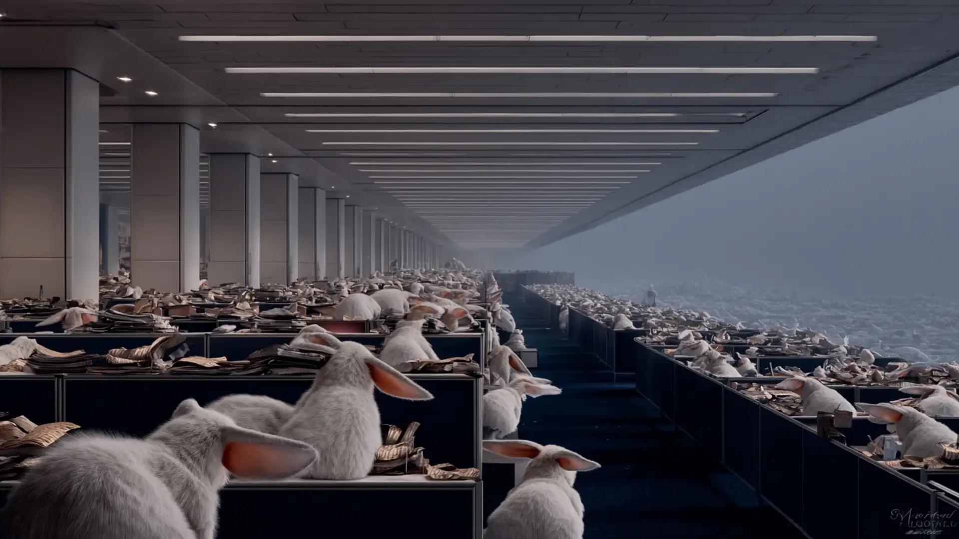 Hasen in einem riesigen Büro & Beispielbild für KI-Kunstfilm beauftragen und AI Showreel erstellen