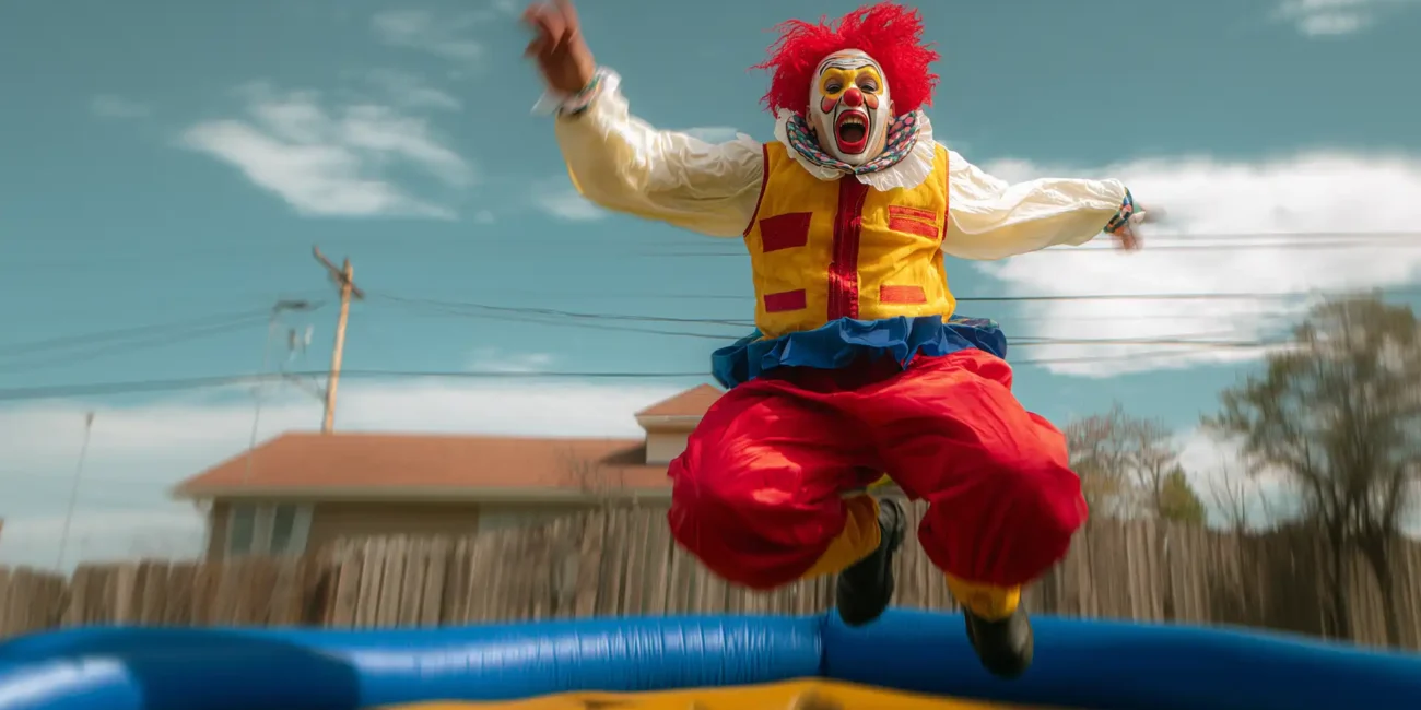 Aus der Liste: KI Werbespot Beispiele – Springender Clown springt von einem Trampolin auf dem steht: KI in der Werbung sowie AI-generated Ad