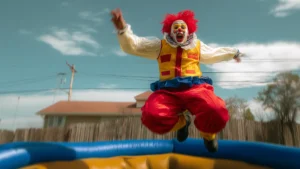 Aus der Liste: KI Werbespot Beispiele – Springender Clown springt von einem Trampolin auf dem steht: KI in der Werbung sowie AI-generated Ad