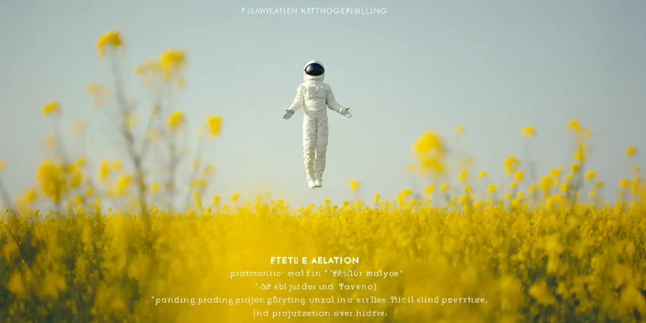 Fliegender Astronaut über gelben Feldblumen als realistische Szenen in KI-Filmen – und als Beispiel für KI-Filme die ins Kino kommen können
