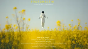 Fliegender Astronaut über gelben Feldblumen als realistische Szenen in KI-Filmen – und als Beispiel für KI-Filme die ins Kino kommen können