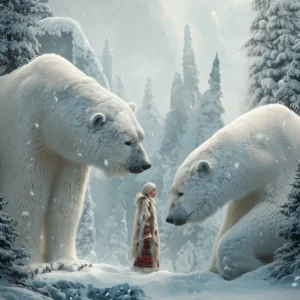Ki-Bild von Bären und einem Mädchen, Winterlandschaft, passend zu der Geschichte