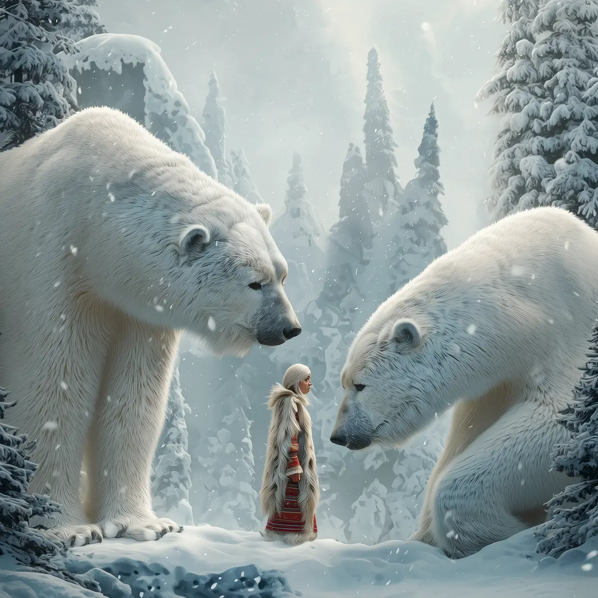 Ki-Bild von Bären und einem Mädchen, Winterlandschaft, passend zu der Geschichte