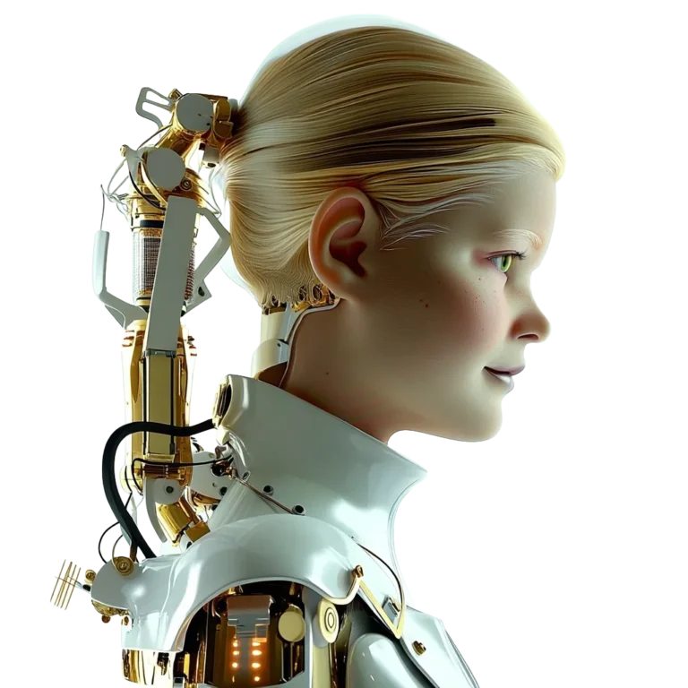 Blondes androides Mädchen steht für KI Social Media Video und KI Film Agentur für Social Media