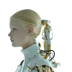 Blondes androides Mädchen, symbolisiert KI Social Media Film und KI Kurzfilm Social Media