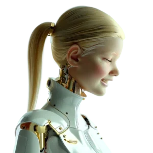 Blondes androides Mädchen steht für Social Media KI Film und KI Social Media Video sowie KI Film Agentur für Social Media