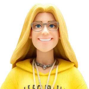 Blonde Mitarbeiterin mit ducker Brille steht für steht symbolisch für KI Narrativer Film und für KI Filmische Erzählung