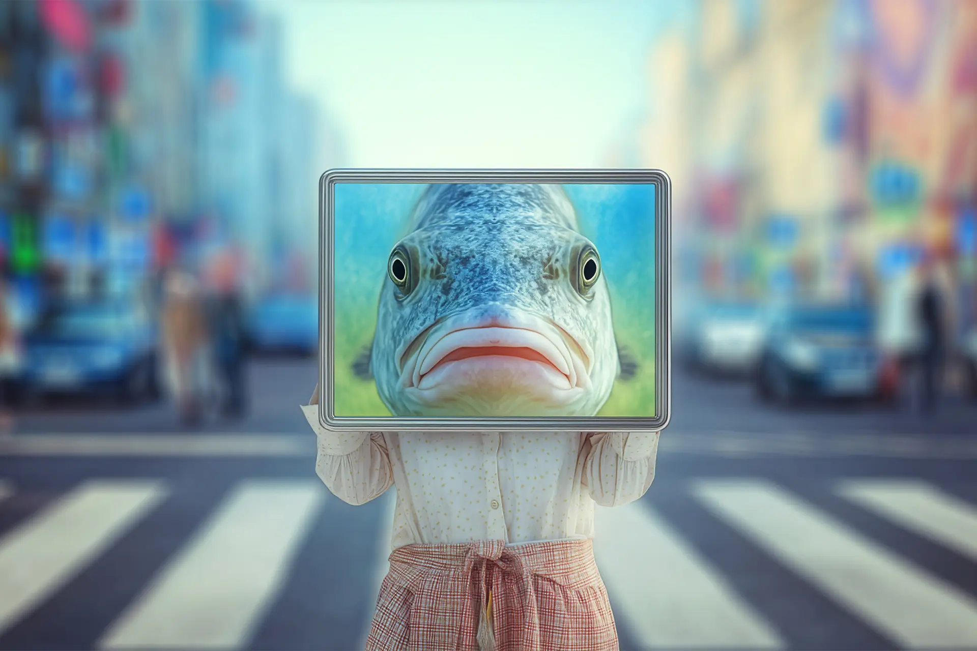 Frau mit übergroßem Handy, auf Disply ist ein Fisch, symbolisiert das Thema KI Social Media Film + KI Social Media Video