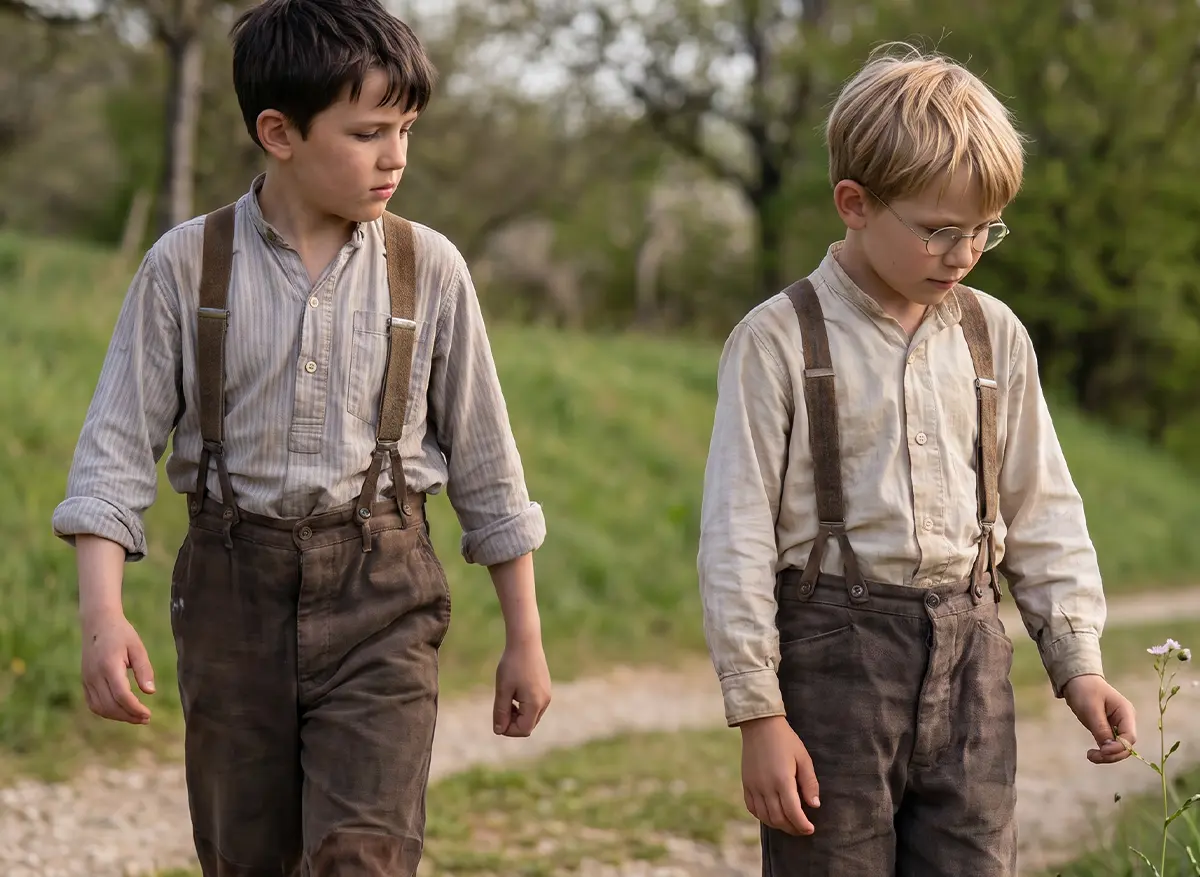 Zwei Jungen um 1915, Symbolbild für KI-Serie , KI-Filmproduktion, KI-generierte Erzählwelt