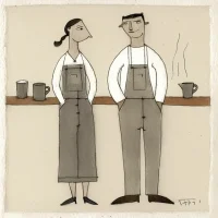 Paar mit Latzhose trinkt Kaffee, auf Regal steht eine Mokkakanne