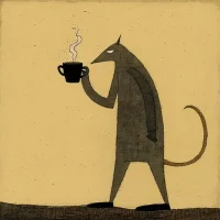 Tiermensch mit Kaffee aus einem Kaffeevollautomat, French Press, Espressomaschine oder Mokkakanne