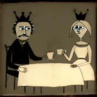 König und Königin trinken Kaffee , gebrüht von einer French Press sowie Kaffeevollautomat und Espressomaschine oder Mokkakanne