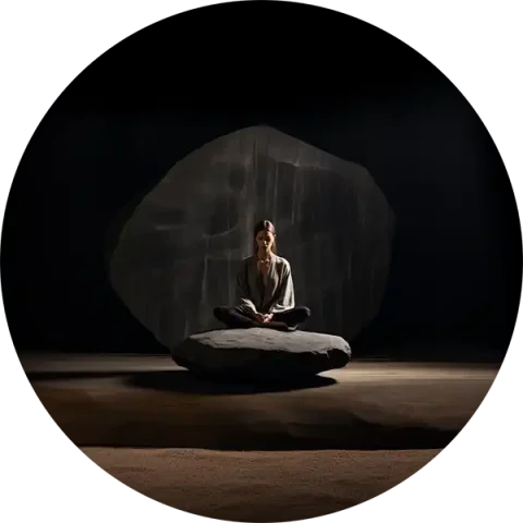 Frau meditiert auf großem Stein sitzend, dahinter noch größerer Stein